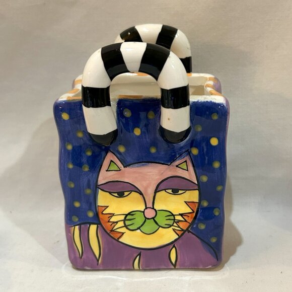 Milson & Louis Hand Painted Ceramic Planter Whimsical Cat on Shopping Bag Tote - Picture 3 of 10
